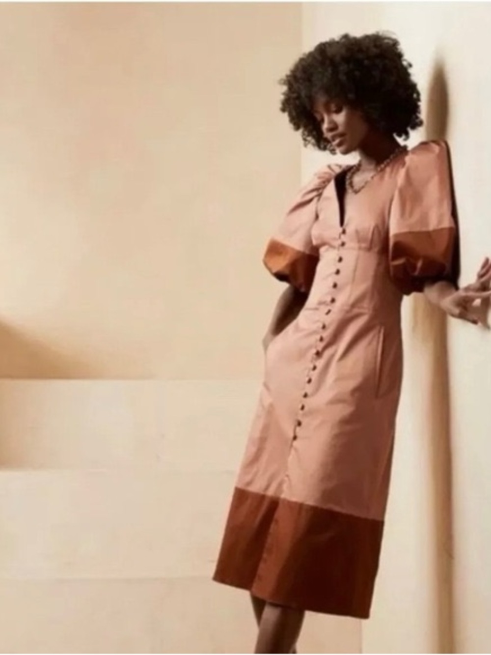 Banana Republic x HARBISON Pioneer Colorblock Puff Sleeve Midi Dress Size 6